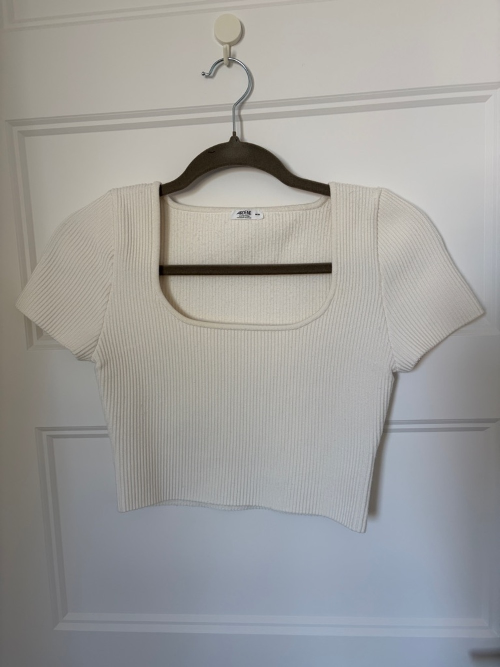 Cream Ribbed Square-Neck Crop Top